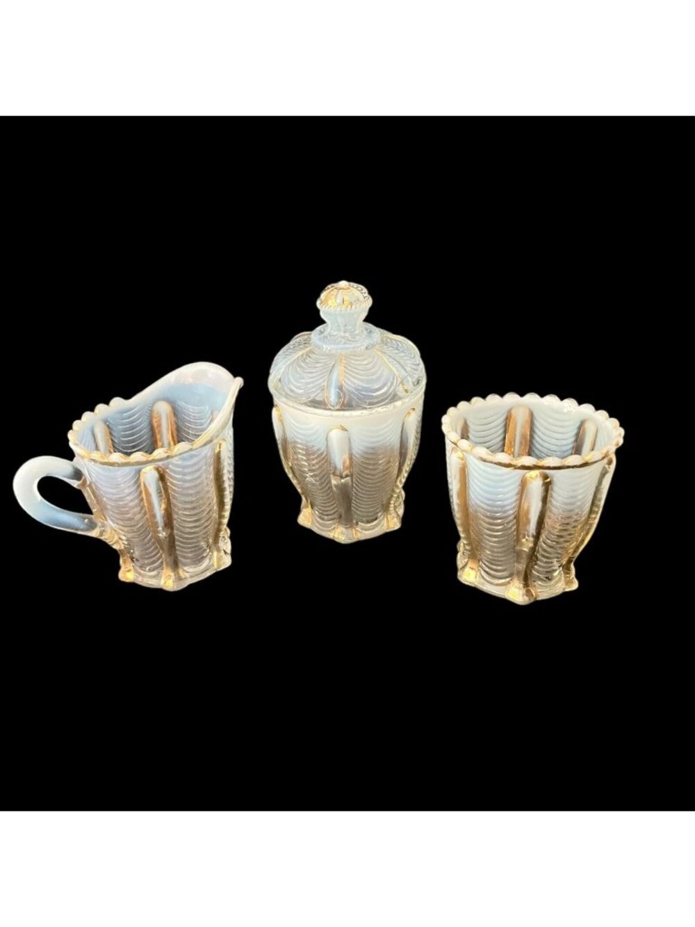 Northwood White Opalescent Drapery Table Set Sugar Creamer Spooner Circa 1900's